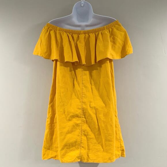 Old Navy Linen Blend Shift Dress Small Yellow Off Shoulder Ruffle Neck Mustard - Picture 3 of 9